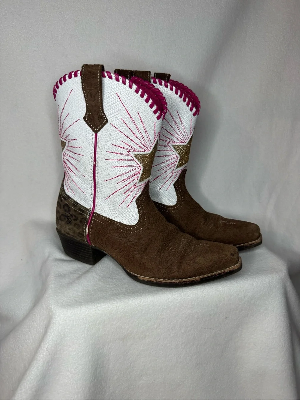 Ariat Girls Cowboy Boots Size 2 Brown Pink White Glitter Star Leopard Western